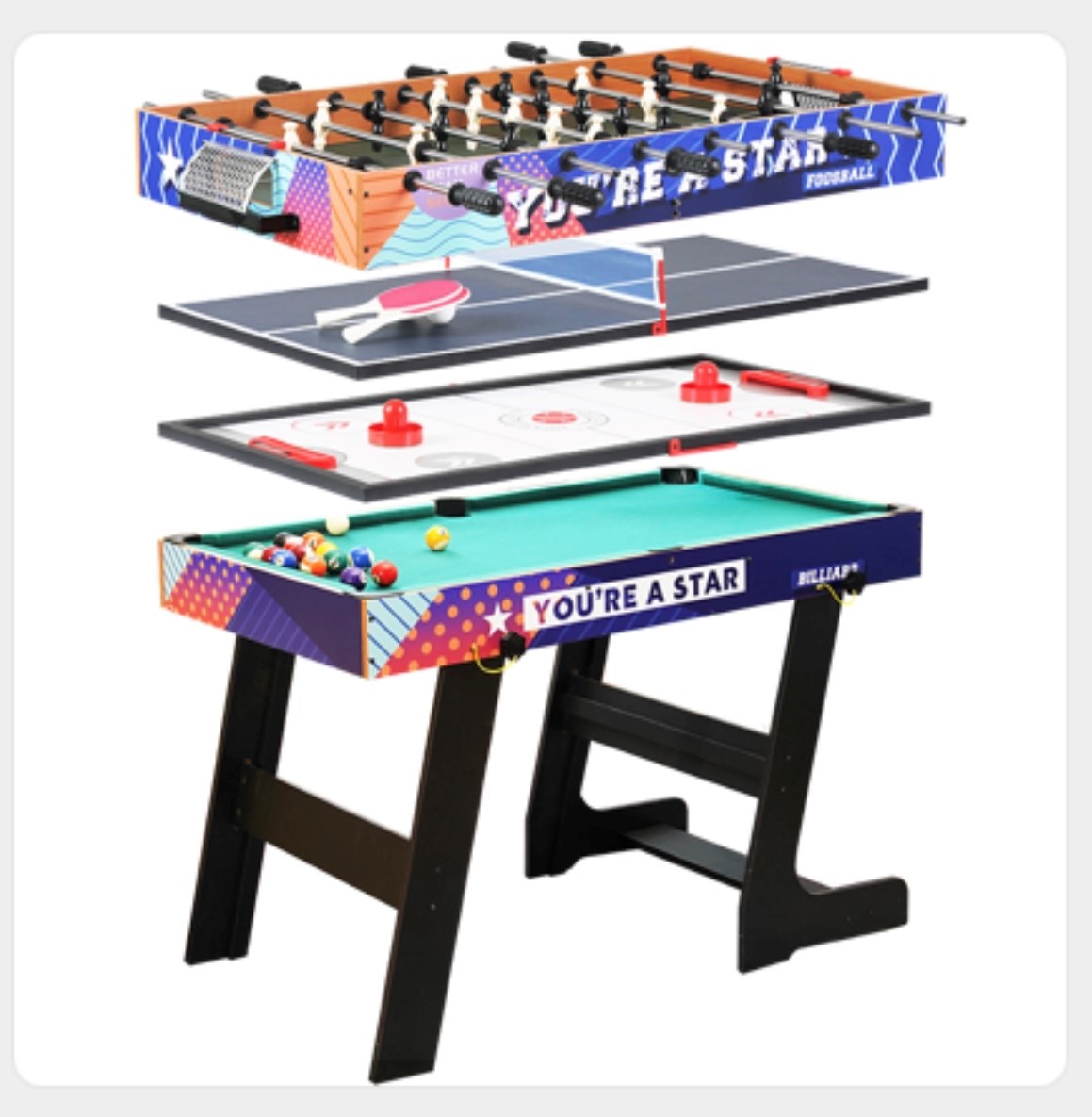 שולחן משחקים משולב 4 ב-1 מעץ MDF &ndash; ביליארד, הוקי, פינג פונג וכדורגל