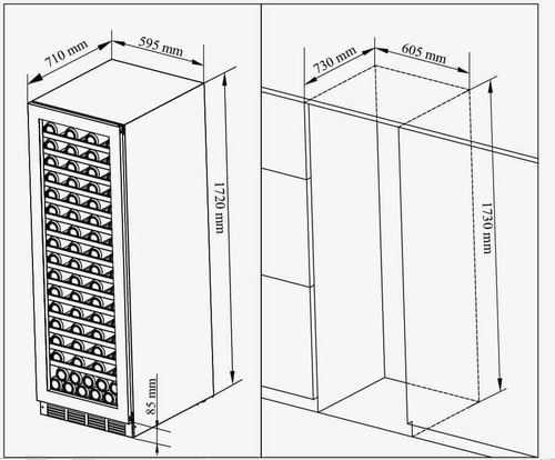 מקרר יין 154 בקבוקים אינטגרלי, שני אזורי קירור, עם מדחס ומדפי עץ. דגם VI180D.