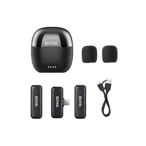 זוג מיקרופונים, מקלט וקייס טעינה בחיבור USB-C דגם BOYA BY-WM3T-U2