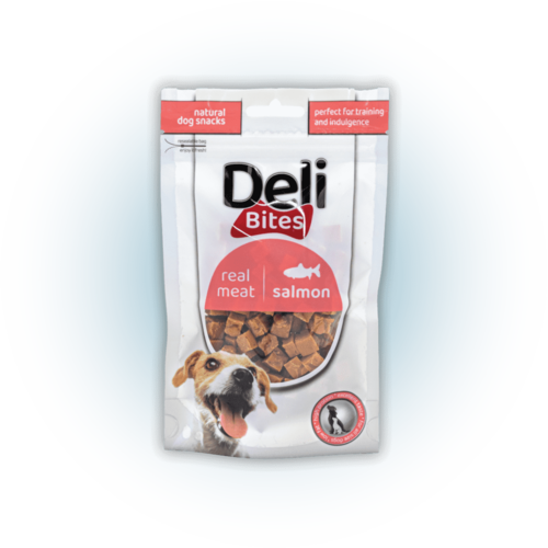דלי בייטס Deli Bites חטיף לכלב קוביות סלומון 80 גרם