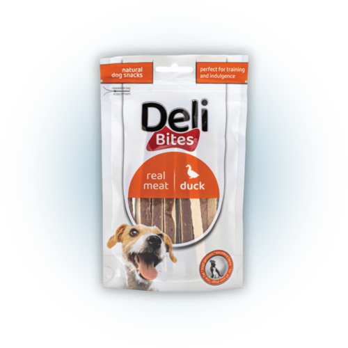 דלי בייטס Deli Bites חטיף לכלב רצועות סנדוויץ ברווז 80 גרם