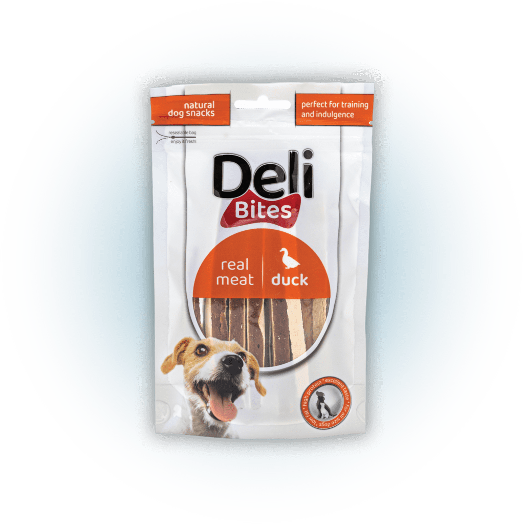 דלי בייטס Deli Bites חטיף לכלב רצועות סנדוויץ ברווז 80 גרם