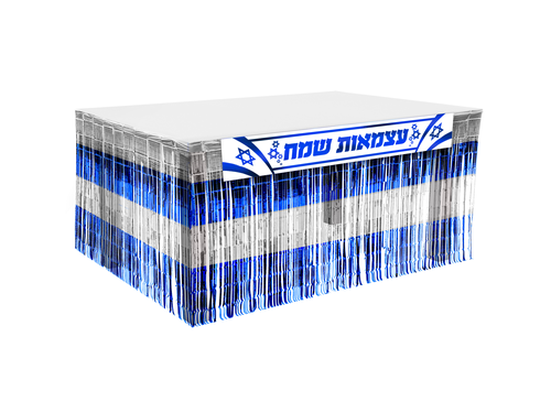 חצאית שולחן  פרנזים כסף-כחול עם כרזה עצמאות שמח
