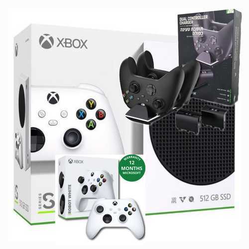 XBOX SERIES S 512GB SSD 2 CONTROLLERS + DUAL CHARGING STATION אקס בוקס סרייס אס עם 2 שלטים ומטען זוגי כולל 2 סוללות נטענות