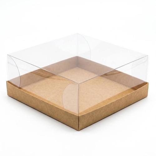 קופסת עוגה עם חלון שקוף בסיס חום קראפט 26×26×11 ס״מ