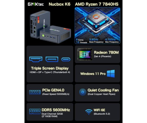 מחשב נייח מיני GMKtec K6 R7 7840HS 16GB DDR5 1TB NVME WIN11PRO