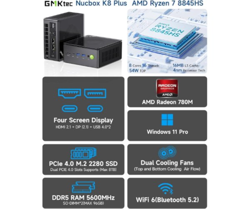 מחשב נייח קטן GMKtec K8 Plus AMD 8845HS 32GB DDR5 1TB WIN11PRO