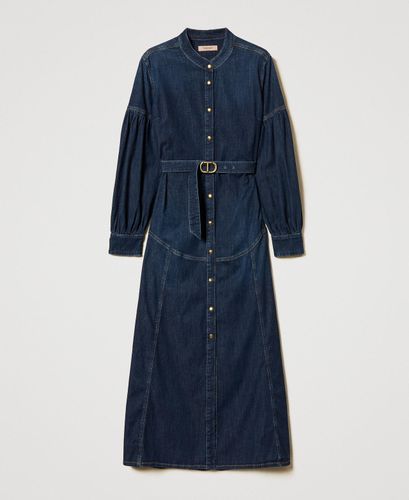 Long denim dress with belt