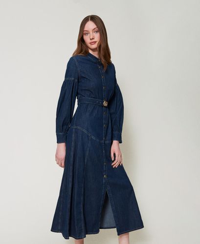 Long denim dress with belt