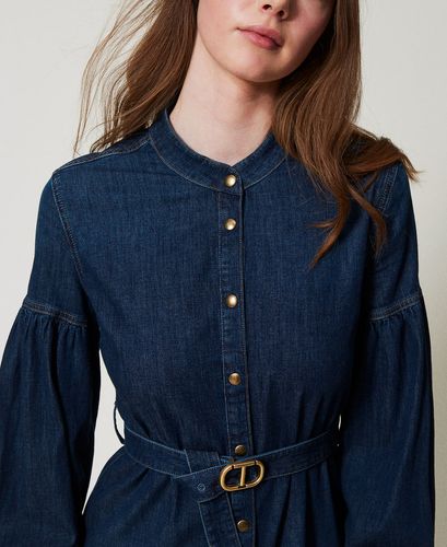 Long denim dress with belt