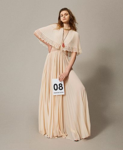 'Filicudi’ long pleated dress with lace PRETTY PINK