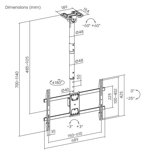 זרוע למסכים לתליה מהתקרה לטלוויזיה למחשב עד Lumi Brateck 43