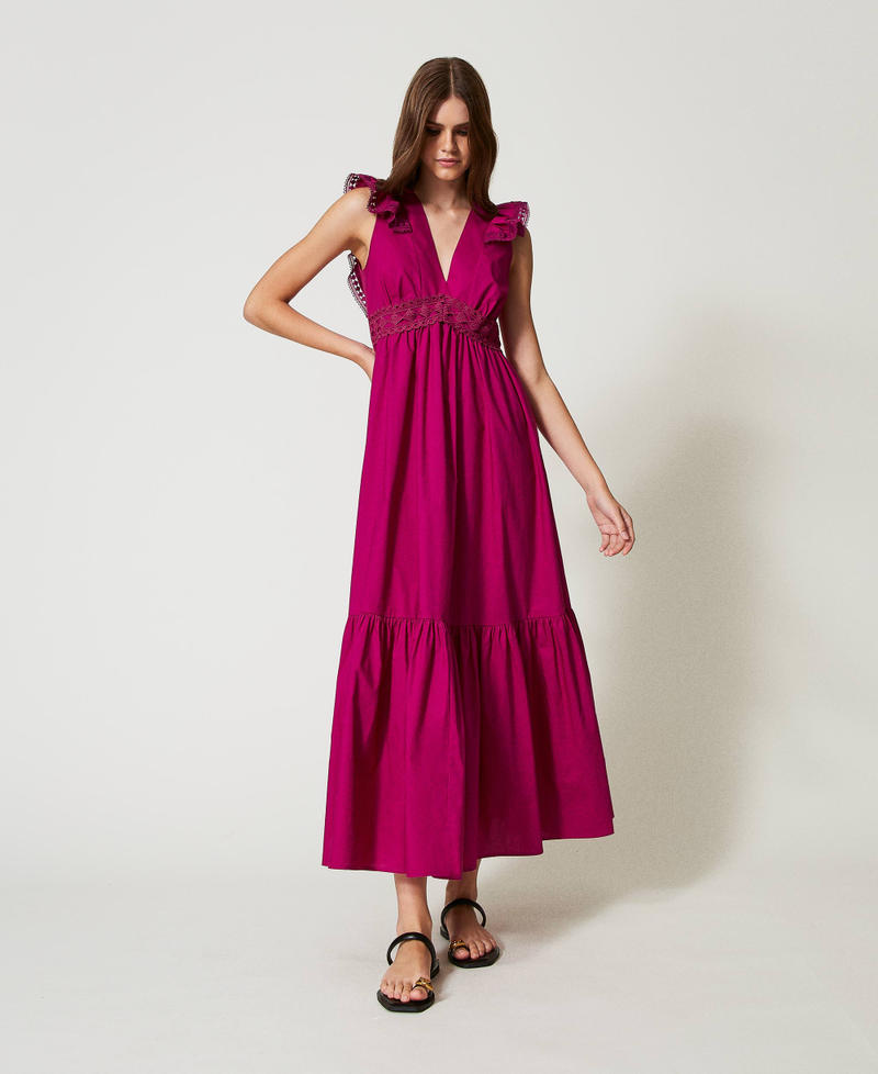 Long poplin dress with crochet detail Magenta Purple