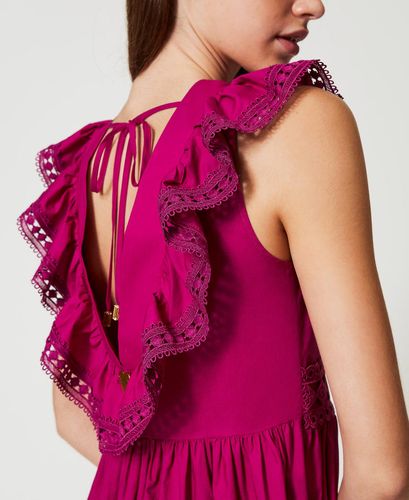 Long poplin dress with crochet detail Magenta Purple