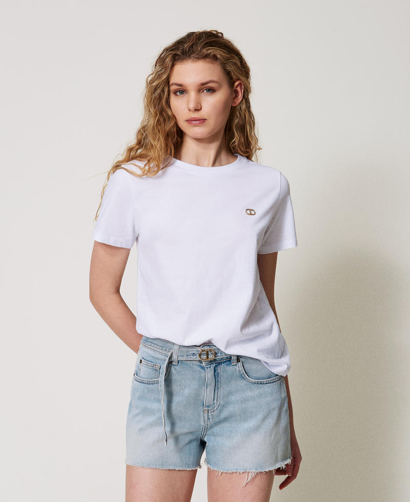 T-shirt with a rhinestone Oval T logo White