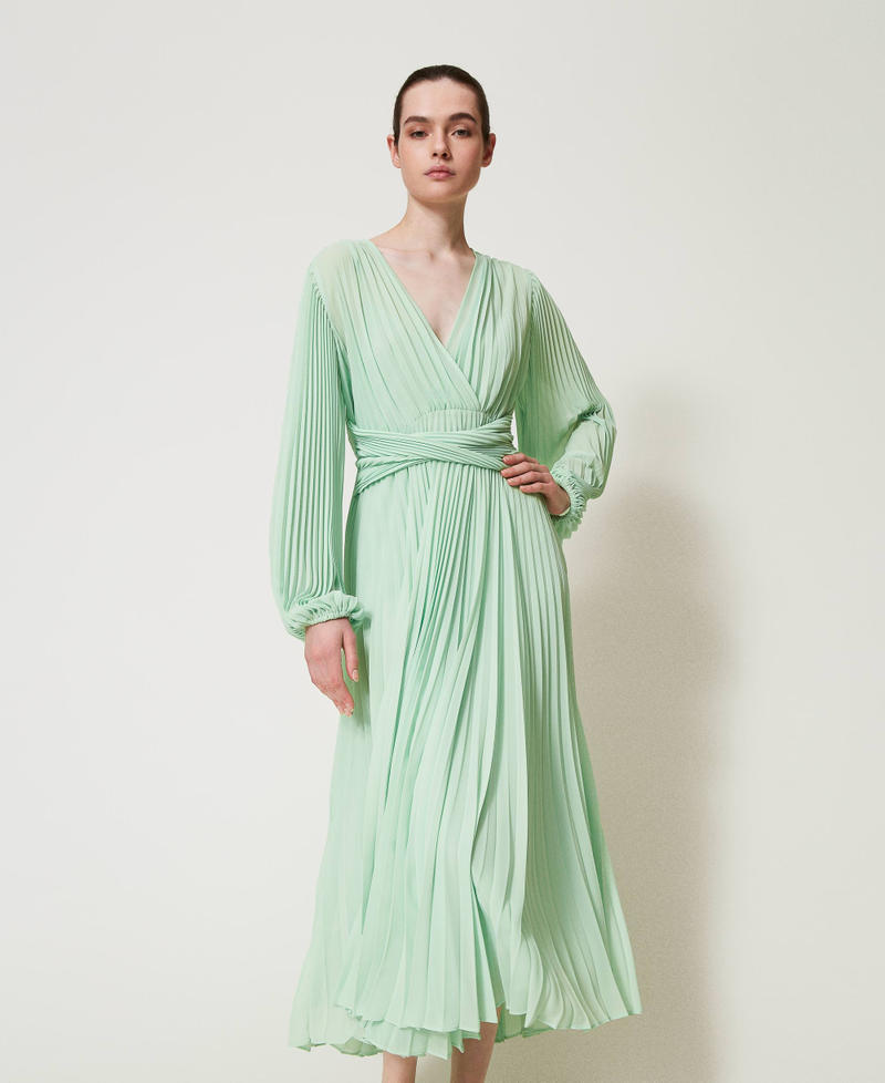 Long pleated georgette dress Mint