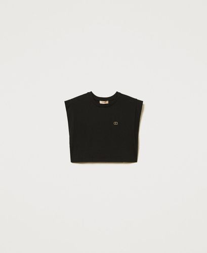 Cropped t-shirt with a rhinestone Oval T logo Black