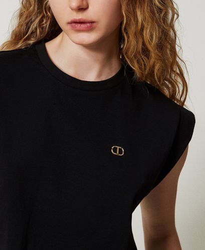 Cropped t-shirt with a rhinestone Oval T logo Black