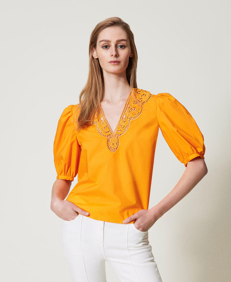 Blouse in broderie anglaise poplin Yellow Marigold