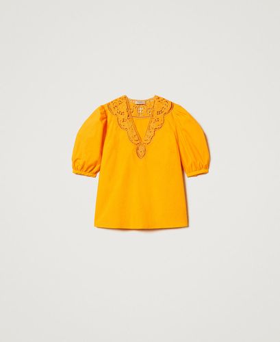 Blouse in broderie anglaise poplin Yellow Marigold