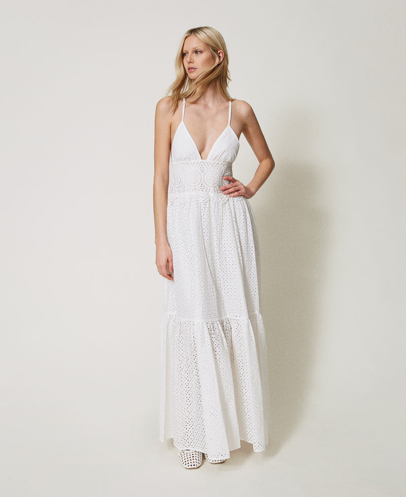 Long dress in broderie anglaise and crochet