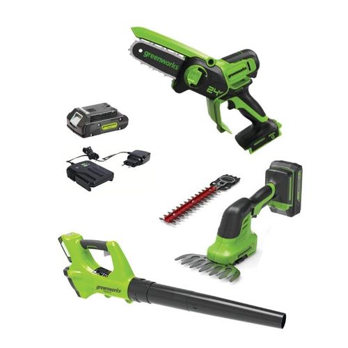 ערכת גינון GREENWORKS BARBER 24V הכוללת מגזמת גובה, מסור גבהים ומפוח עלים - פתרון קומפקטי מושלם לתחזוקת מרפסות וגינות קטנות עם מוטות מתכווננים ומשקל קל