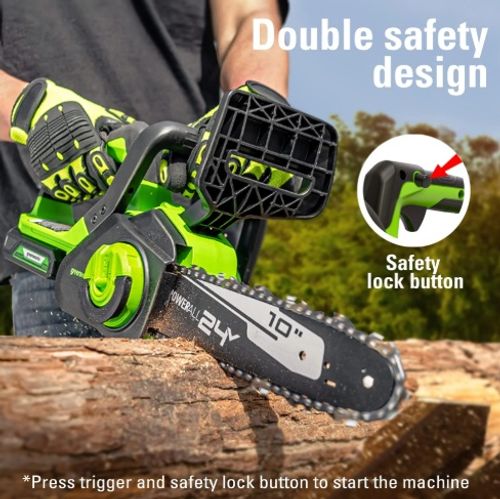 מסור שרשרת נטען GREENWORKS 24V דגם 99701-2 עם להב OREGON 10 אינץ', שתי סוללות 2 אמפר ומטען מהיר, מיועד לגיזום עצים וחיתוך ענפים בגינה הביתית