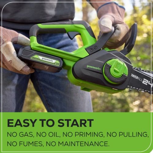 מסור שרשרת GREENWORKS 24V דגם 99701-1 עם להב OREGON 10 אינץ', סוללת 2 אמפר ומטען מהיר, מערכת שימון אוטומטית ומתיחת שרשרת ללא כלים