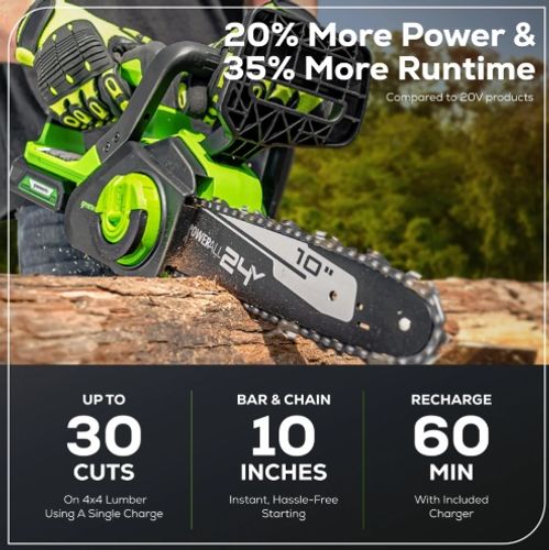 מסור שרשרת GREENWORKS 24V דגם 99701-1 עם להב OREGON 10 אינץ', סוללת 2 אמפר ומטען מהיר, מערכת שימון אוטומטית ומתיחת שרשרת ללא כלים