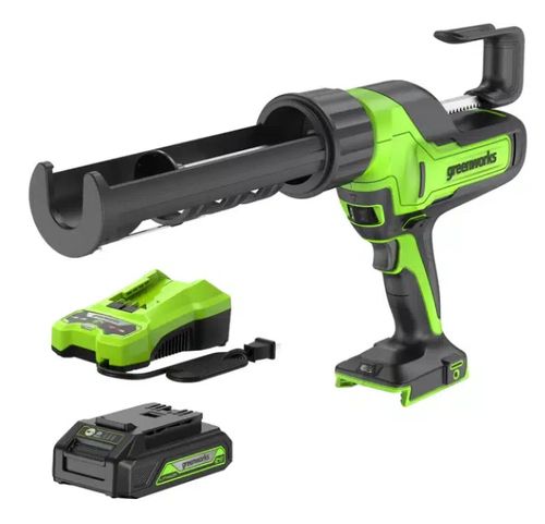 אקדח הזרקה נטען GREENWORKS 24V דגם 99637-1 עם כוח דחיקה 2900 ניוטון, 6 מצבי מהירות, מניעת טפטוף ותאורת LED, כולל סוללת 2 אמפר ומטען מהיר לעבודות איטום והדבקה מקצועיות