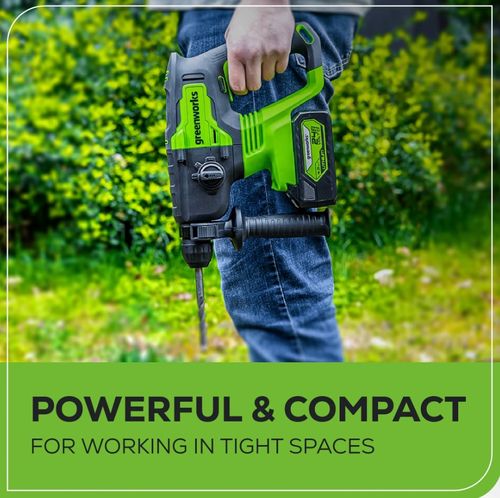 פטישון GREENWORKS 24V Brushless SDS-Plus דגם 99574/2.6 עם 4 מצבי עבודה, עוצמת הלימה 2J, תפסנית SDS-Plus ומערכת אנטי-ויברציה לקידוח בבטון עד 24 מ