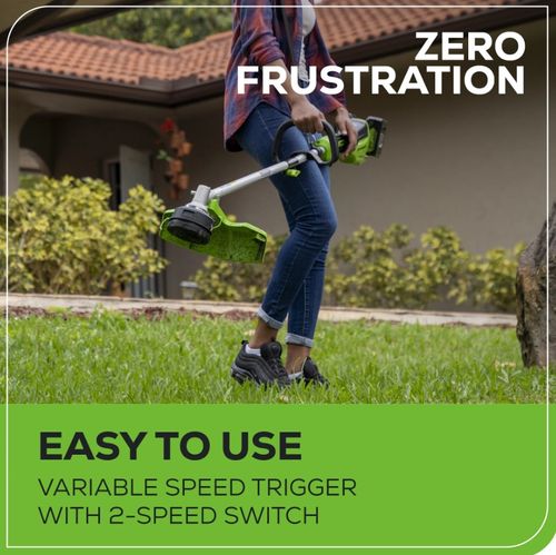 חרמש נטען Greenworks 48V דגם 99532-3 עם מנוע Brushless, ראש מתכוונן, מוט טלסקופי, קוטר חיתוך 33 ס