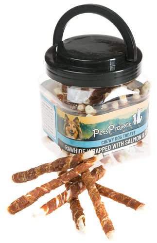 פטס פרוג'קט Pets Project צנצנת לכלב מקלוני בקר עטופים סלמון וקוד 400 גרם