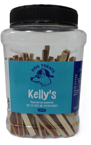 קליס Kelly's חטיף לכלב בצנצנת רצועות סנדוויץ' ברווז ודג קוד 400 גרם
