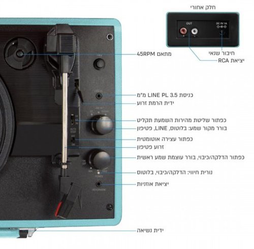 פטיפון Bluetooth צבע טורקיז מזוודה עם הגברת DSP ורמקולים סטריאו Harper HRT-10 - צבע כחול
