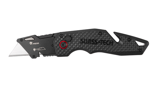  סכין בטיחות Swiss Tech דגם ST015002 עם מנגנון פתיחה מהיר, 10 להבי SK5 נוספים וחותך חבלים מובנה