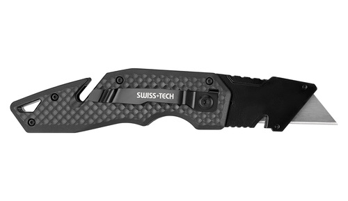  סכין בטיחות Swiss Tech דגם ST015002 עם מנגנון פתיחה מהיר, 10 להבי SK5 נוספים וחותך חבלים מובנה