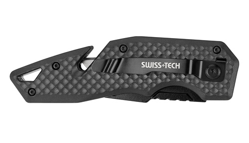  סכין בטיחות Swiss Tech דגם ST015002 עם מנגנון פתיחה מהיר, 10 להבי SK5 נוספים וחותך חבלים מובנה