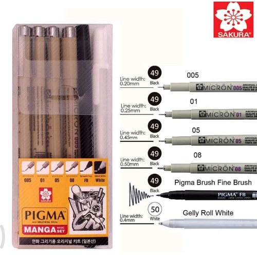 סט 5 לינרים שחורים + 1 עט לבן  PIGMA MANGA SET