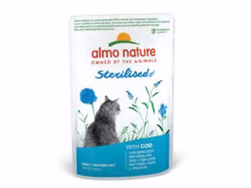 Almo Nature Sterilised – מזון רטוב לחתולים מסורסים/מעוקרים בטעם בקלה (COD)