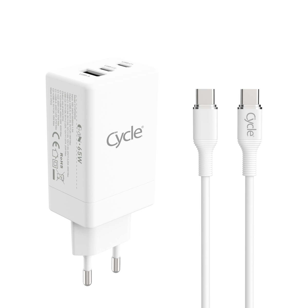 מטען בית 2 יציאות TYPE-C + יציאת Cycle CYHPD65W USB