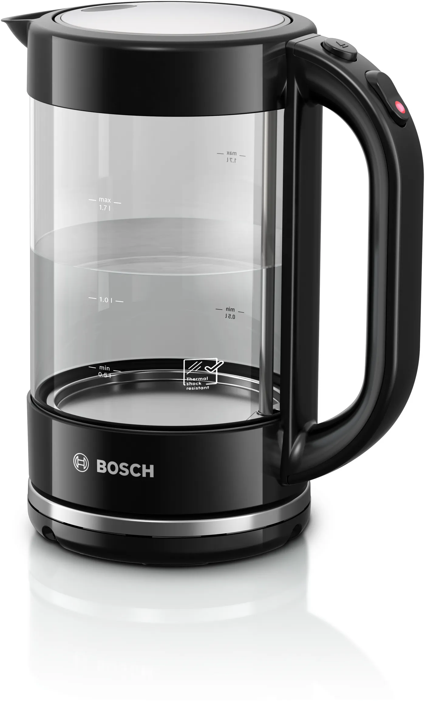 קומקום זכוכית 1.7 ליטר Bosch TWK70B03 2400W - צבע שחור - שנתיים אחריות יבואן רשמי BSH