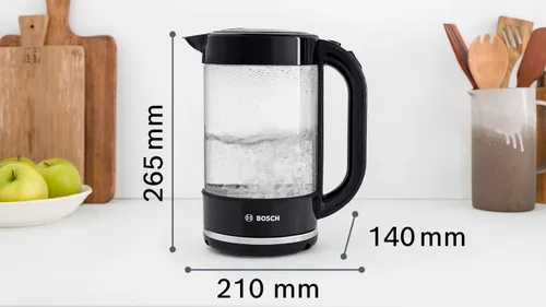 קומקום זכוכית 1.7 ליטר Bosch TWK70B03 2400W - צבע שחור - שנתיים אחריות יבואן רשמי BSH