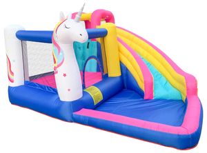 מתנפח לחצר יבש/רטוב עם מגלשה, אזור קפיצות ושיכשוכית מים/כדורים - חד קרן