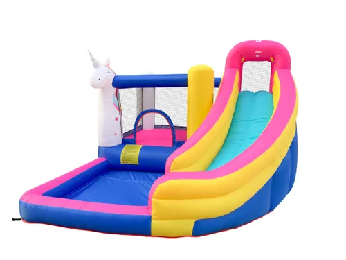 מתנפח לחצר יבש/רטוב עם מגלשה, אזור קפיצות ושיכשוכית מים/כדורים - חד קרן