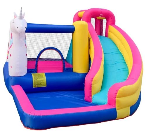 מתנפח לחצר יבש/רטוב עם מגלשה, אזור קפיצות ושיכשוכית מים/כדורים - חד קרן