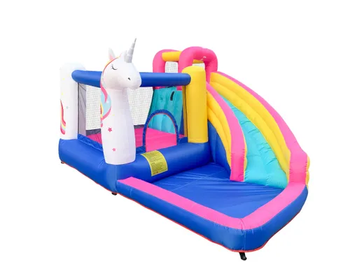 מתנפח לחצר יבש/רטוב עם מגלשה, אזור קפיצות ושיכשוכית מים/כדורים - חד קרן