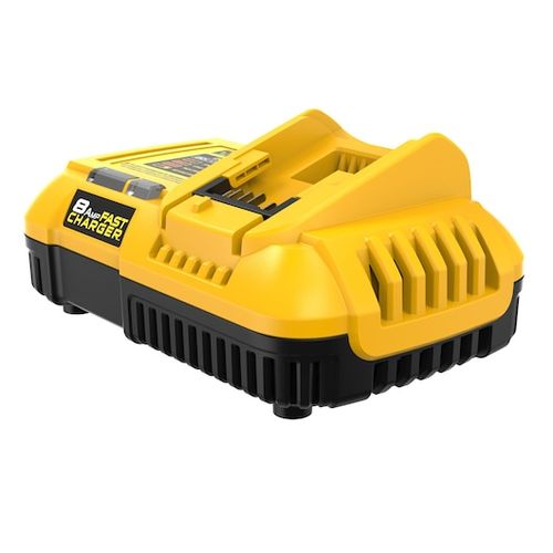 מטען מהיר DEWALT DCB118 בצבע צהוב-שחור אופייני למותג, עם תאימות לסוללות 12V/20V/60V, זרם טעינה 8 אמפר, מאוורר מובנה ונורית LED לחיווי סטטוס הטעינה.
