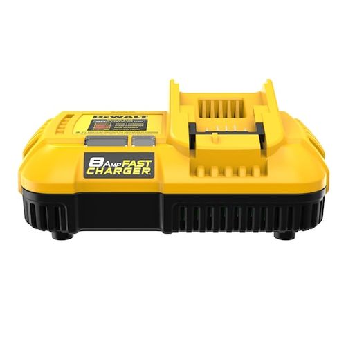 מטען מהיר DEWALT DCB118 בצבע צהוב-שחור אופייני למותג, עם תאימות לסוללות 12V/20V/60V, זרם טעינה 8 אמפר, מאוורר מובנה ונורית LED לחיווי סטטוס הטעינה.