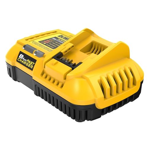 מטען מהיר DEWALT DCB118 בצבע צהוב-שחור אופייני למותג, עם תאימות לסוללות 12V/20V/60V, זרם טעינה 8 אמפר, מאוורר מובנה ונורית LED לחיווי סטטוס הטעינה.